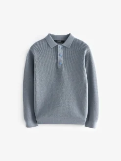Next Blue Long Sleeve Textured Polo Shirt (3-16yrs)^BOY Tops|Knitwear & Sweaters