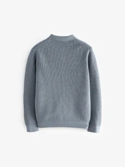 Next Blue Long Sleeve Textured Polo Shirt (3-16yrs)^BOY Tops|Knitwear & Sweaters