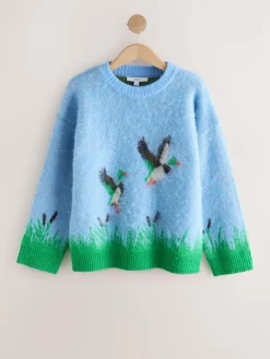 Hot Next Brushed Crew Neck Jumper Blue Mallard Duck Graphic