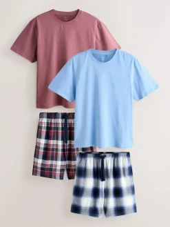 Next Blue/ Mauve Purple Cosy Short Sleeve Pyjamas Set 2 Pack^ Pyjamas