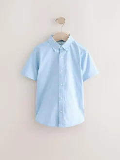 Clearance Next Plain Short Sleeve Cotton Rich Oxford Shirt (3-16yrs) Blue