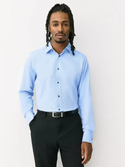 Hot Next Regular Fit 100% Cotton Textured Long Sleeve Formal Shirt with Trim Blue