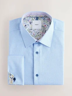 Hot Next Regular Fit 100% Cotton Textured Long Sleeve Formal Shirt with Trim Blue