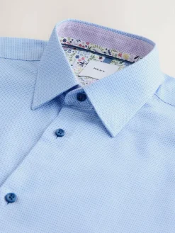 Hot Next Regular Fit 100% Cotton Textured Long Sleeve Formal Shirt with Trim Blue