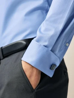 Online Next Slim Fit Double Cuff Easy Care Textured Smart Shirt Blue