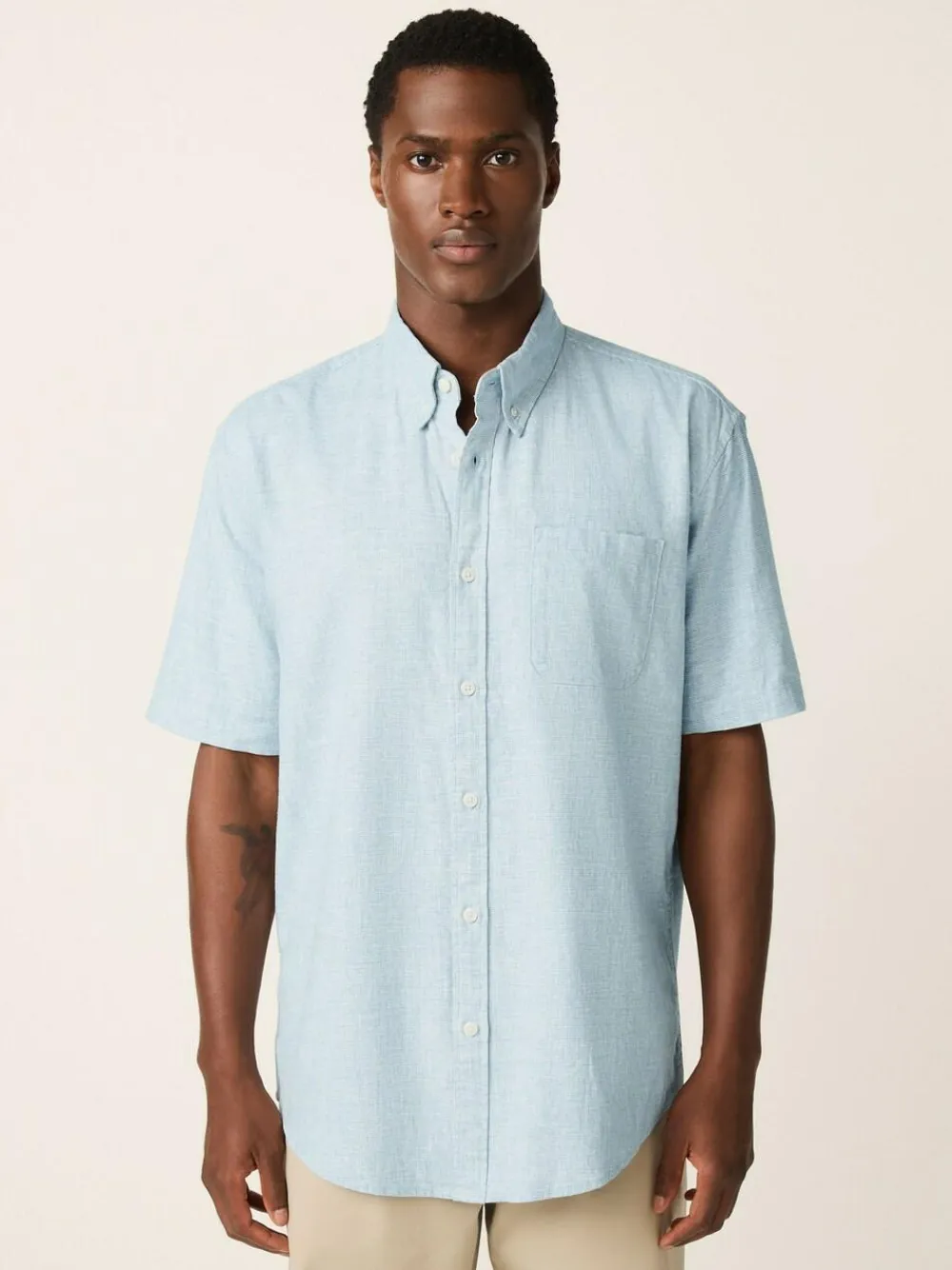 Outlet Next Standard Collar Cotton Linen Blend Short Sleeve Shirt Blue