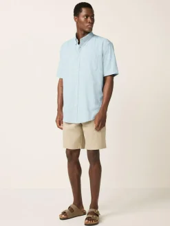 Outlet Next Standard Collar Cotton Linen Blend Short Sleeve Shirt Blue