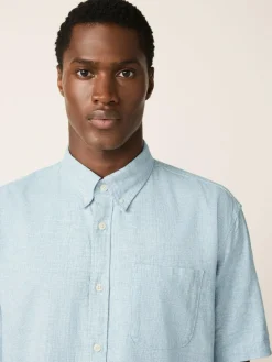 Outlet Next Standard Collar Cotton Linen Blend Short Sleeve Shirt Blue