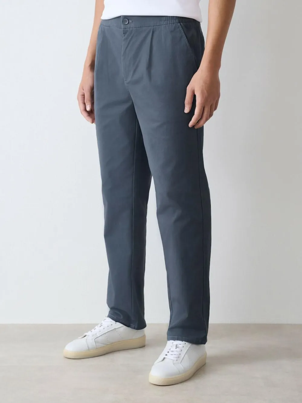 New Next Straight Fit Pleated Stretch Chinos Trousers With Elasticated Waist Blue