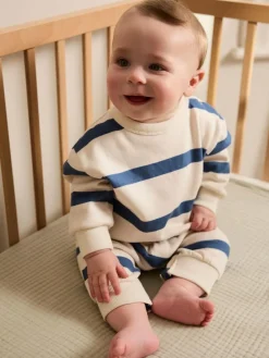 Next Blue Stripe Baby Sweat Romper (0mths-3yrs)^BOY Sets & Outfits|Sweatshirts & Hoodies