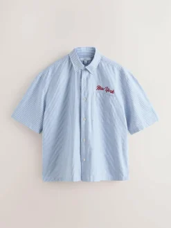 Outlet Next Blue Stripe Embroidered New York Short Sleeve Shirt