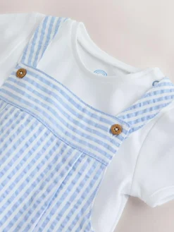 New Next Woven Dungaree and Bodysuit Baby Set (0mths-2yrs) Blue Stripe
