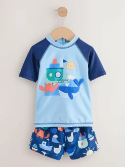 Best Next Blue Sunsafe Rash Vest and Swim Shorts Set (3mths-7yrs)
