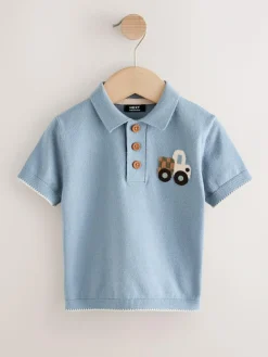 Sale Next Character Button Neck Knitted Polo Shirt (3mths-7yrs) Blue Transport