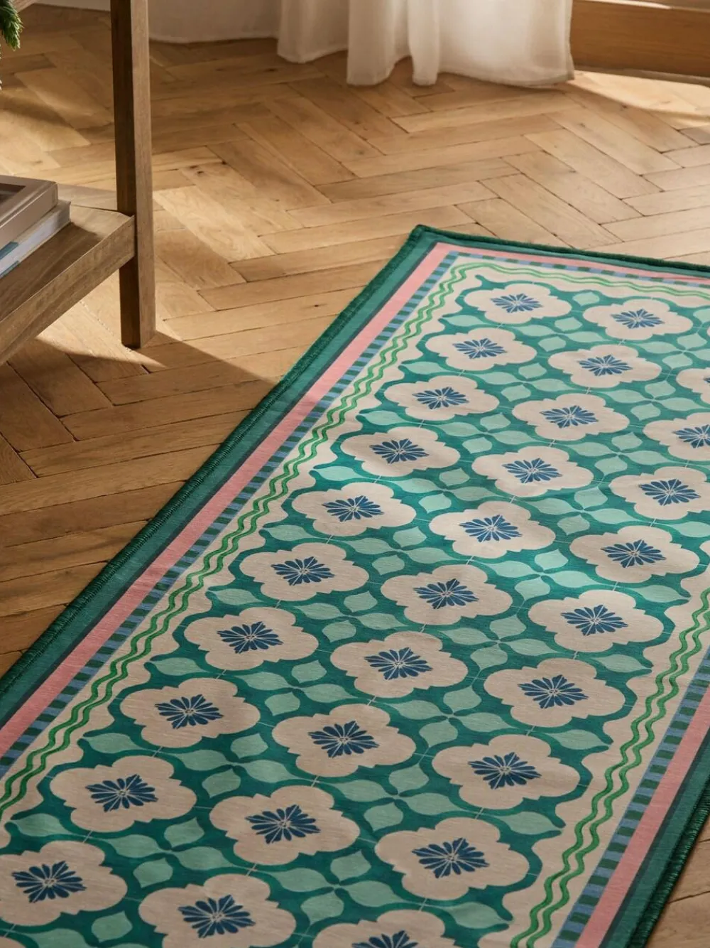 Hot Next Blue Washable Bright Tile Runner