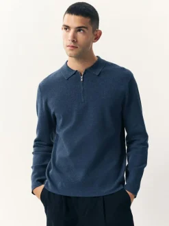 Best Next Blue Zip Neck N.Premium Regular Fit Premium Mid Weight Long Sleeve Knit Polo Shirt