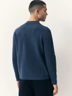 Best Next Blue Zip Neck N.Premium Regular Fit Premium Mid Weight Long Sleeve Knit Polo Shirt