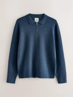 Best Next Blue Zip Neck N.Premium Regular Fit Premium Mid Weight Long Sleeve Knit Polo Shirt