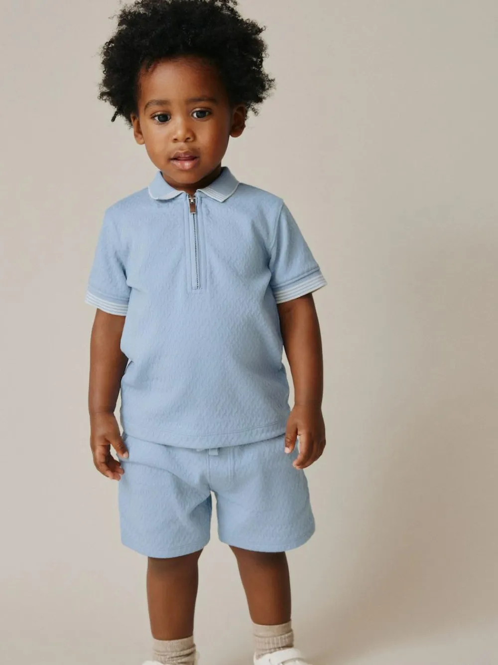 Next Blue Zip Neck Short Sleeve Polo Shirt And Shorts Set (3mths-7yrs)^BOY Sets & Co-Ords|Sets & Co-Ords