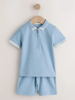Next Blue Zip Neck Short Sleeve Polo Shirt And Shorts Set (3mths-7yrs)^BOY Sets & Co-Ords|Sets & Co-Ords