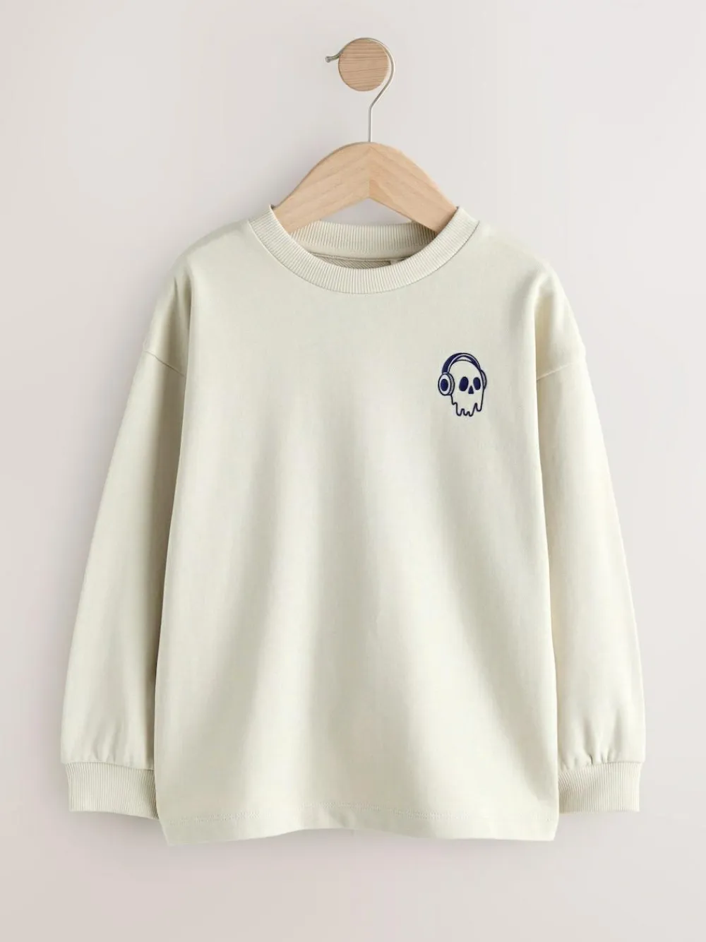 New Next Relaxed Fit Long Sleeve Heavyweight T-Shirts 3 Pack (3-16yrs) Blue/Berry/Ecru Graphic