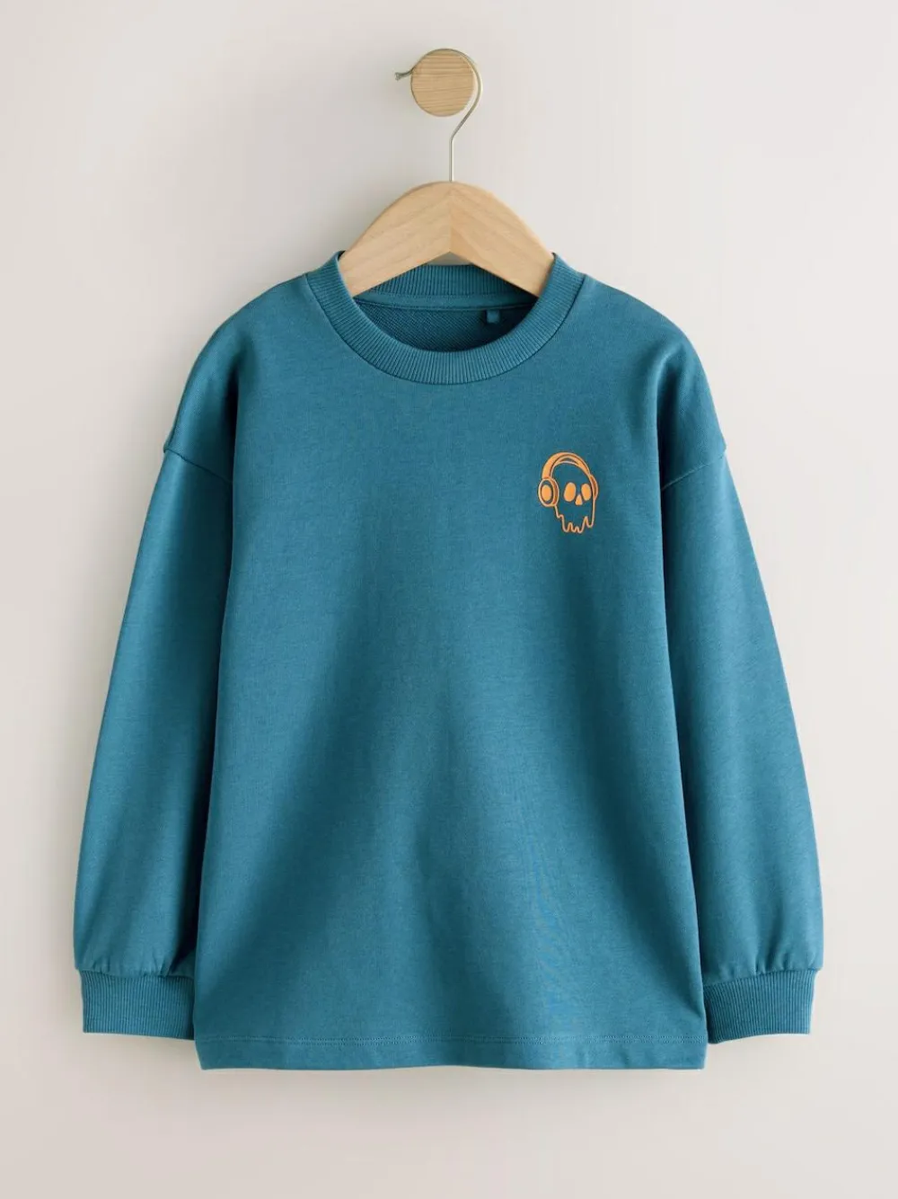 New Next Relaxed Fit Long Sleeve Heavyweight T-Shirts 3 Pack (3-16yrs) Blue/Berry/Ecru Graphic