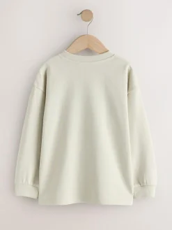 New Next Relaxed Fit Long Sleeve Heavyweight T-Shirts 3 Pack (3-16yrs) Blue/Berry/Ecru Graphic