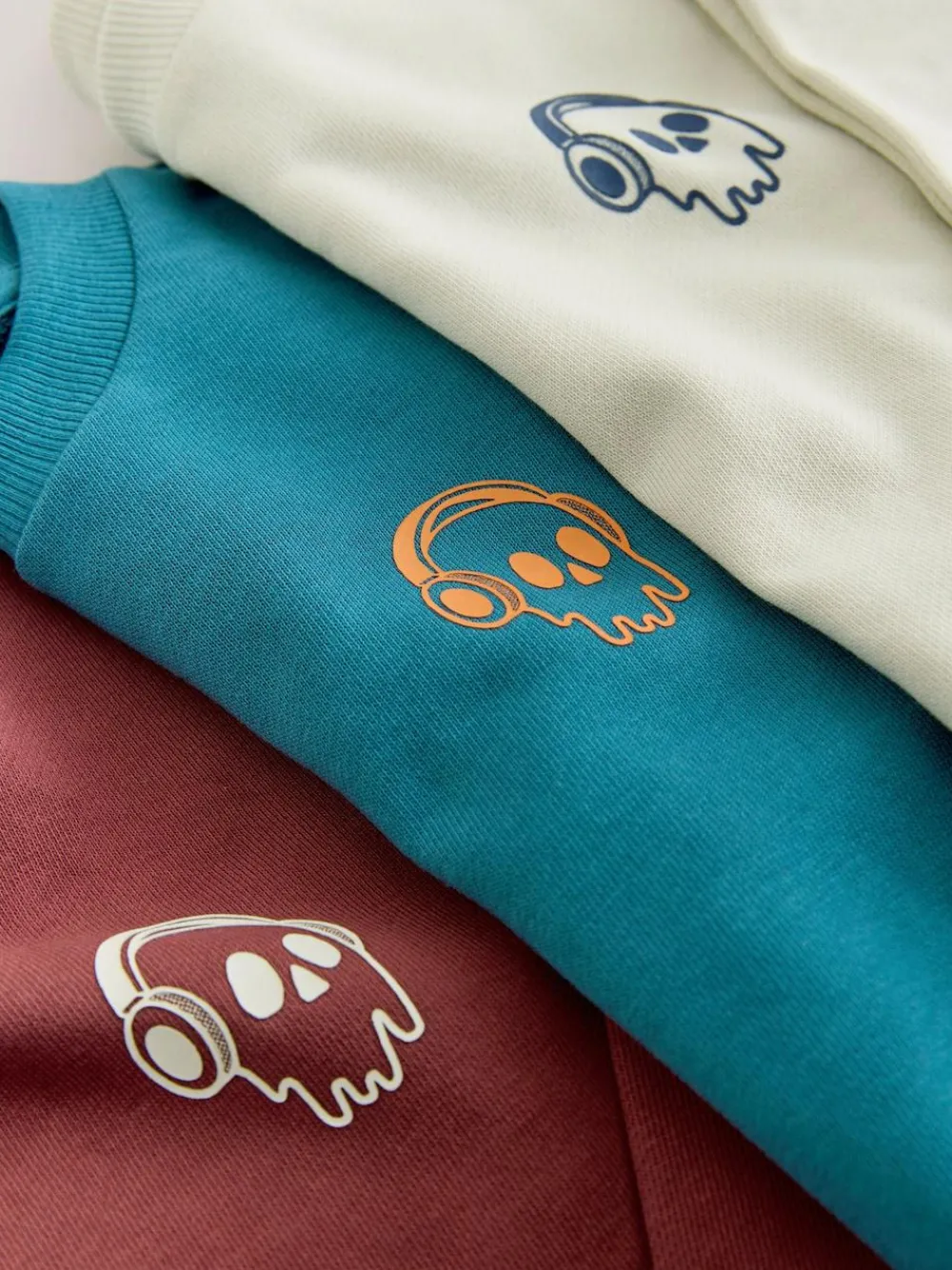 New Next Relaxed Fit Long Sleeve Heavyweight T-Shirts 3 Pack (3-16yrs) Blue/Berry/Ecru Graphic