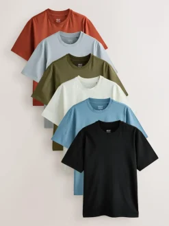 Clearance Next Blue/Black/Orange/Green/Grey/Ecru White Regular Fit Essential Cotton T-Shirts 6 Pack