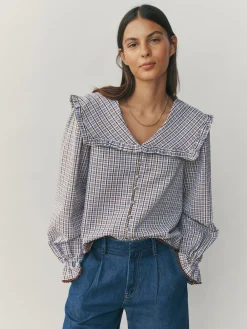Next Oversized Collar Long Sleeve Blouse Blue/Brown Check