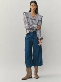 Next Oversized Collar Long Sleeve Blouse Blue/Brown Check