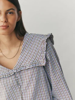 Next Oversized Collar Long Sleeve Blouse Blue/Brown Check