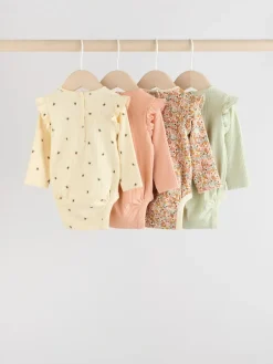 Outlet Next Baby Long Sleeve Frill Bodysuits 4 Pack (0mths-2yrs) Blue/Cream/Coral Ditsy