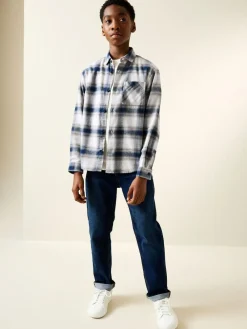 Outlet Next Long Sleeve Cotton Check Shirt (3-16yrs) Blue/Ecru