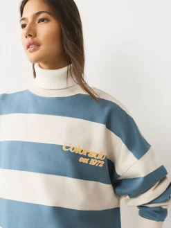 Clearance Next Blue/Ecru Striped Graphic 'Colarado' City Longsleeve Crewneck Sweatshirt