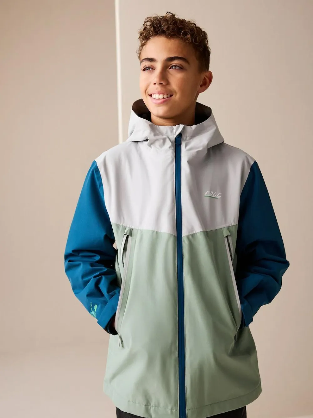Discount Next Blue/Green Colour Block Waterproof Fleece Lined Hooded Jacket (3-16yrs)