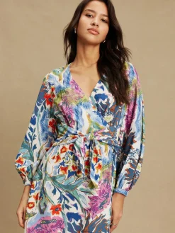 Next V-Neck Tie Waist Long Sleeve Midi Dress^Women Occasion Dresses|Midi Dresses