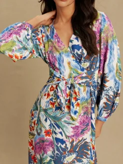 Next V-Neck Tie Waist Long Sleeve Midi Dress^Women Occasion Dresses|Midi Dresses