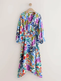 Next V-Neck Tie Waist Long Sleeve Midi Dress^Women Occasion Dresses|Midi Dresses