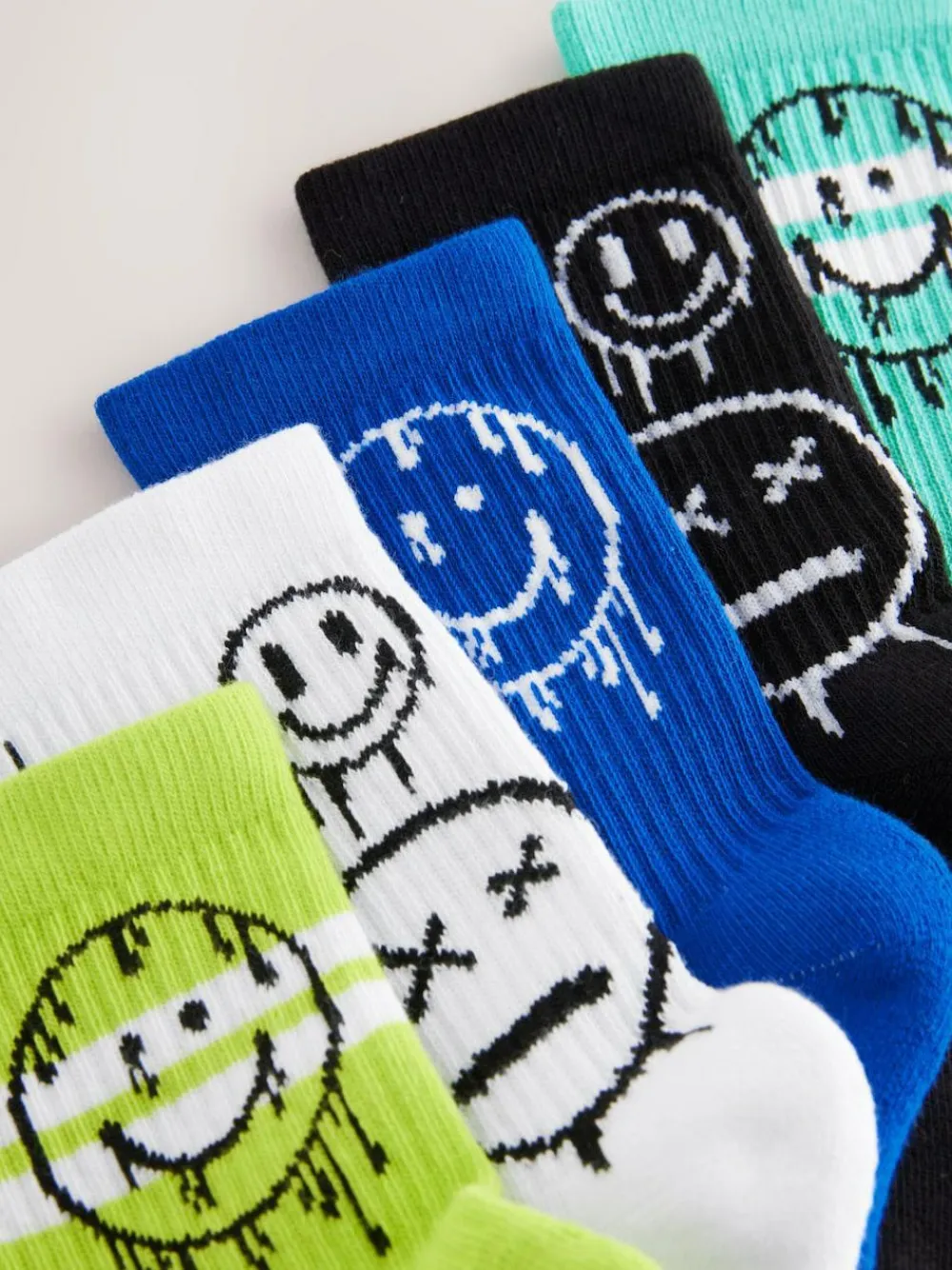 Next Blue/Green Graffiti Smile Cushioned Footbed Cotton Rich Ribbed Tipped Socks 5 Pack^BOY Socks