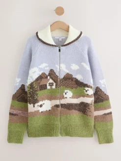 Next Blue/Green Landscape Scene Zip Cardigan^Women Knitwear|Knitwear