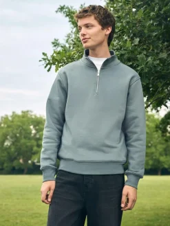 New Next Blue/Green Quarter Zip Cotton Rich Jersey Sweatshirt