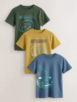 Hot Next Blue/Green/Yellow Regular Fit Graphic Print Short Sleeve T-Shirts 3 Pack (3-16yrs)