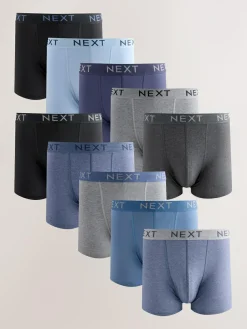Clearance Next Blue/Grey/Black Cotton Rich Trunk Boxers 10 Pack