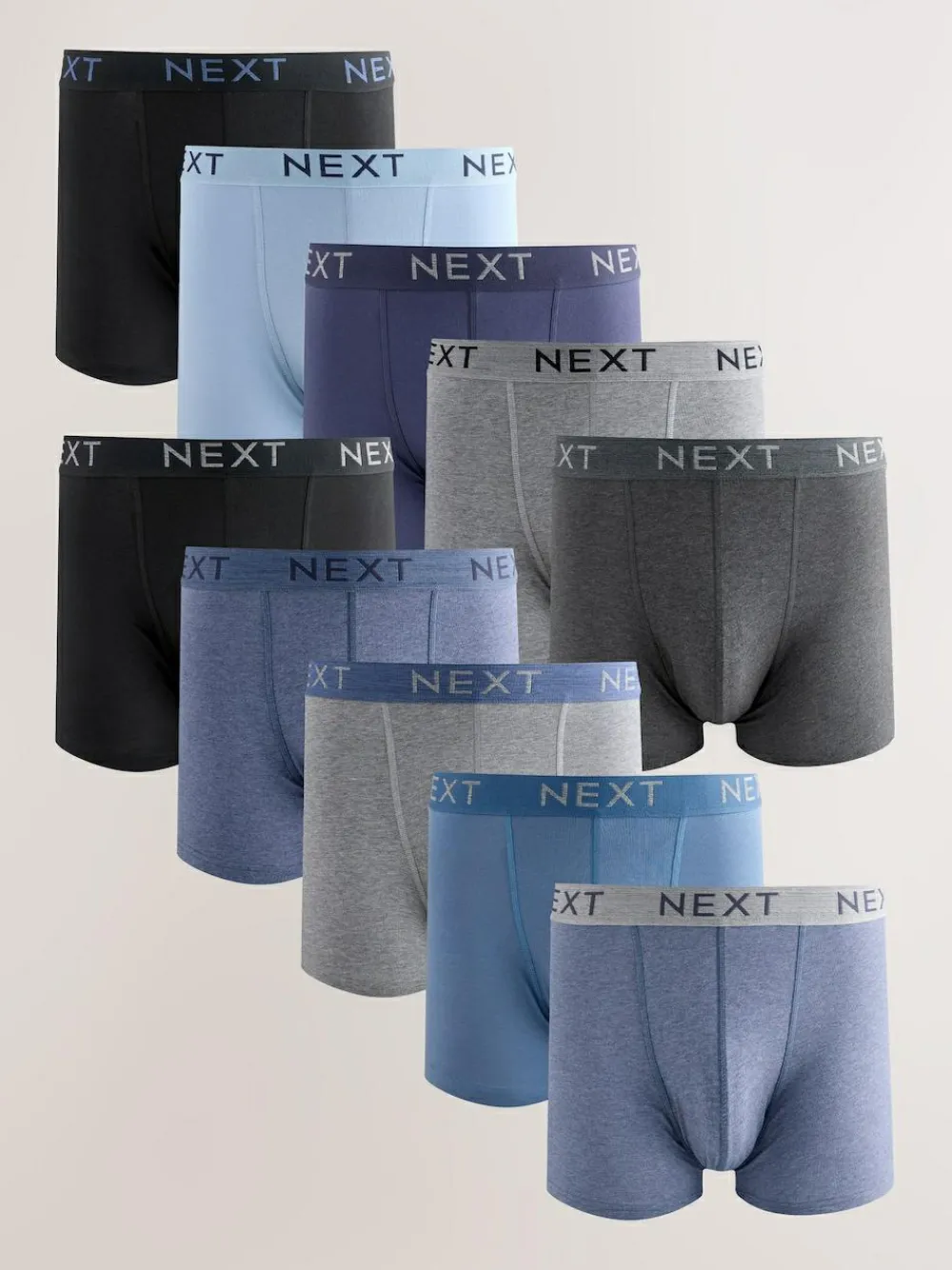 Clearance Next Blue/Grey/Black Cotton Rich Trunk Boxers 10 Pack