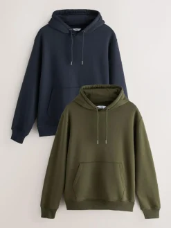 Hot Next Cotton Rich Jersey Overhead Hoodies 2 Pack Blue/Khaki Green