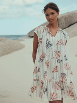 Next V-Neck Tiered Mini Dress with Linen^Women Dresses