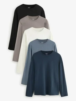 Sale Next Regular Fit Regular Fit Long Sleeve 100% Cotton T-Shirts 5 Pack Blues/Grey/Neutrals
