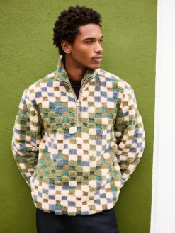 Best Next Zip Neck Printed Fleece Blue/Tan Checkerboard