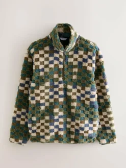 Best Next Zip Neck Printed Fleece Blue/Tan Checkerboard